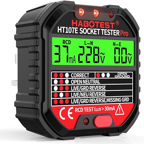 Socket Tester RCD Plug Outlet Tester UK, Electrical Receptacle Detector with LCD Display, 90-250V Power Socket Automatic Electric Circuit Polarity Breaker Finder (HT107E)