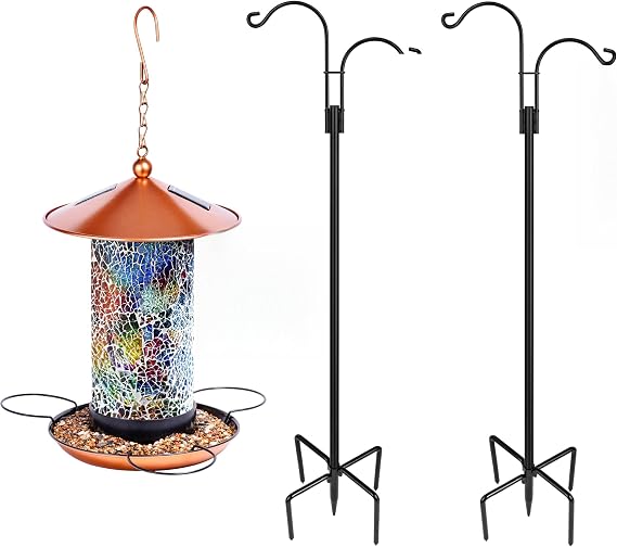 2-Pack Shepherds Hooks with Mosaic Solar Wild Bird Feeder for Outdoor, Double Heavy Duty Garden Pole for Hanging Bird Feeder, Garden Decor for Lawn, Patio, Balcony, Yard Ornament - Unique Gifts for Mo