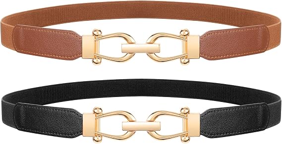 LEACOOLKEY 2 Pack Women Skinny Stretch Belts for Dress Ladies Elastic Thin Waist Belt with Gold Buckle