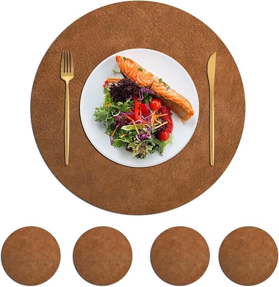 Placemats, Faux Leather Table Mats Set, Wipeable Washable PU Place-mat, Heat Resistant, Non-Slip Easy to Clean for Kitchen Dining Table (Color : Brown, Size : Circle_4)