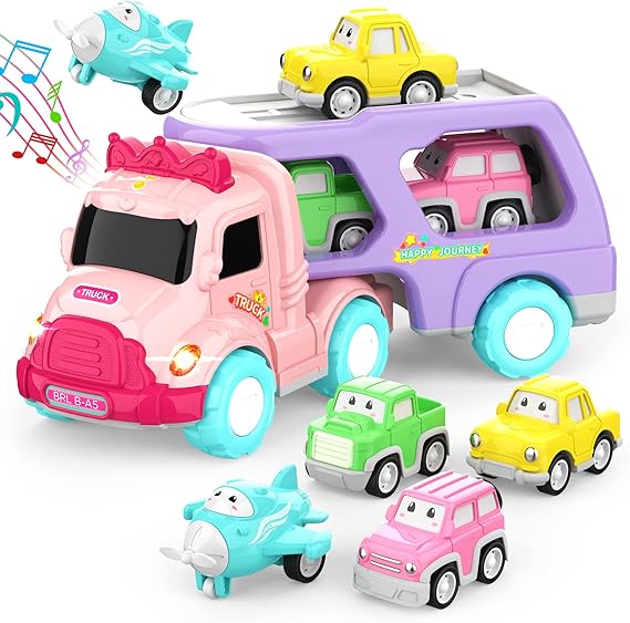 LASCOTON Toys for 1 2 3 Year Old Girl, 5-in-1 Carrier Truck for Toddler Girl, Friction Power Toy Cars with Light & Sound, Birthday Gifts, Pink