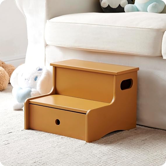 Kings Brand Furniture Wooden Toddler Step Stool for Kids with Storage for Bedroom, Bathroom, Kitchen, Honey Mustard