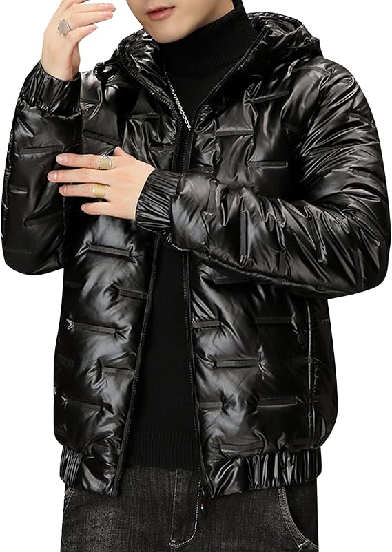 Men's Winter Glossy Padded Hood Coat Metallic Full Zip Down Quilted Jacket Thicken Warmth Puffer Jackets (Black,Large)