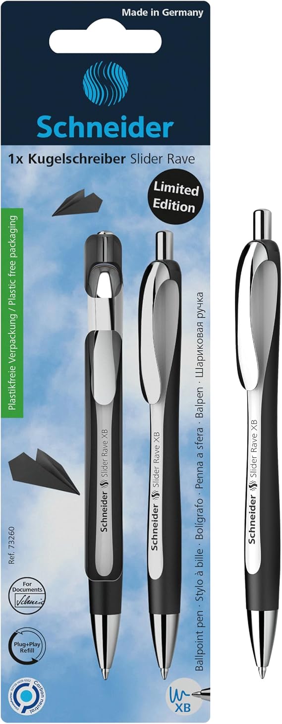Schneider Limited Edition Slider Rave Black, XB (Extra Broad) Ballpoint Pen, Refillable + Retractable, 1.4 mm, White-Black Barrel, Blue Ink, Blister Pack of 1 Pen (73260)