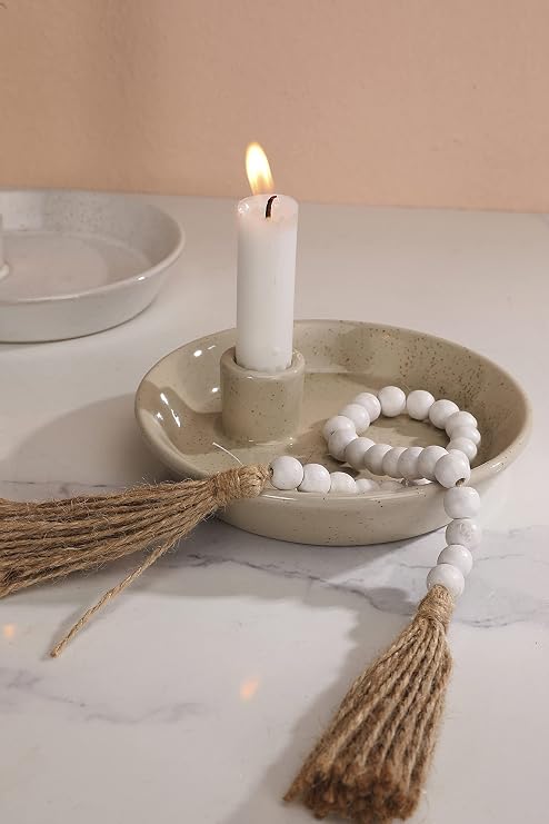 DN DECONATION Ceramic Candle Holder, Boho Candlestick Holder with Round Plate for Taper Candles, Unique Farmhouse Porcelain Candle Stick Holder for Meditation/Yoga Room Home Wedding Decor(Gray)