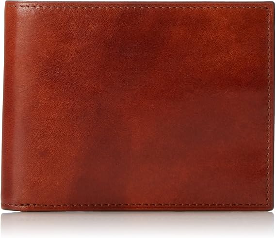 Bosca Men's Leather Wallet - RFID Security Lining - 8 Card Slots - Divided Currency Well - Full Grain Italian Leather with Glossy Finish - Amber Brown