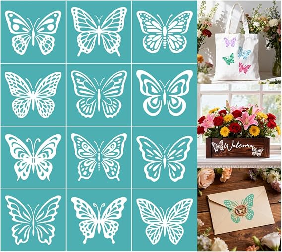 2 Sheets Butterfly Silk Screen Stencil, 12 Styles Butterflies Self-Adhesive Silk Screen Printing Stencils Reusable Mesh Stencil for Painting on Wall, Wood, T-Shirt, Home Craft Decor