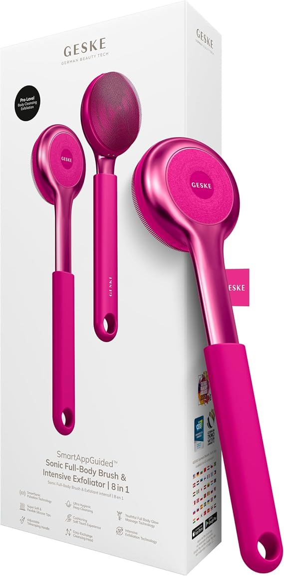 GESKE Sonic Full-Body Brush & Intensive Exfoliator | 8 in 1 | Electric Body Cleansing Brush | With SmartSonic Pulsations | Deep Cleansing, Exfoliation, Massage | Extendable Handle | Rough Skin Remover