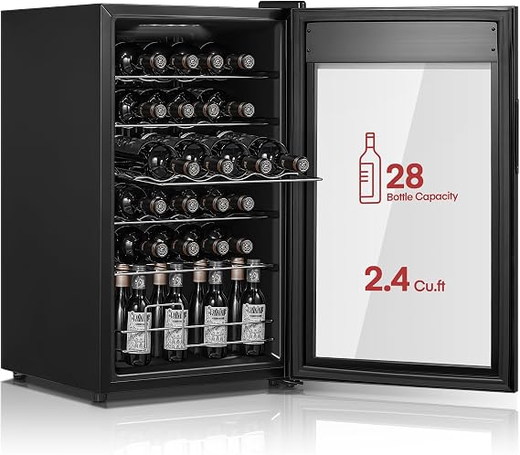 FOHERE 28 Bottles Wine Fridge, Countertop Wine Fridge with Double Glass Doors, LED Light, Digital Temperature Control, Wine Cellar for Bar, Home, Office