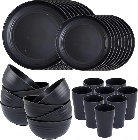 KAHEIGN 32Pcs Plastic Dinnerware Set, 8 Set Unbreakable Dinner Sets Included 8Pcs 25CM Dinner Plates, 8Pcs 20CM Salad Plates, 8 Pcs 720ml Bowls, 8 Pcs 360ml Cups - Microwave & Dishwasher Safe