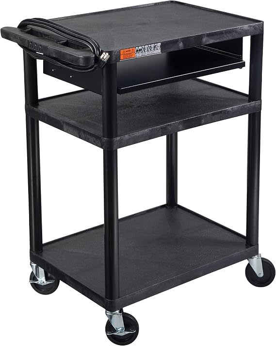 LUXOR LP34LE-B AV Cart with Three Shelves, Front Pullout Shelf, 300 lbs. Weight Capacity, 24"W x 18"D x 34"H, 15' Cord
