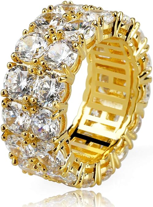 TOPGRILLZ 2-Row Cubic Zirconia Band Ring for Men & Women, 14K Gold Plated Brass, 9 mm Wide Iced-Out Eternity, Sizes 6-12, Golden or Silvery