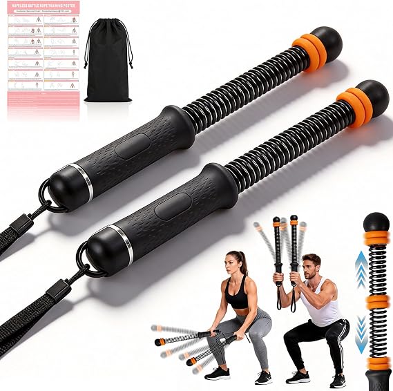 Upgrade Portable Ropeless Battle Ropes - Adjustable Weights Cordless Battle Ropes for Home Gym with Training Poster - Battle Rope Sticks Exercise Equipment for Low-Impact Workout, HIIT & Cardio -Black