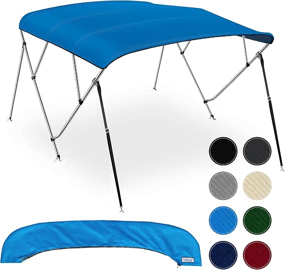 4 Bow Bimini Tops for Boats, Fadeproof, Support Poles, Storage Boot, 900D Marine Canvas, Sun Shade Boat Canopy, Universal Boat Cover for Pontoon, V-Hull, Fishing, Bass Boat 54-60", Pacific Blue