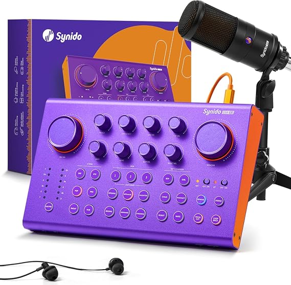 Synido Podcast Equipment Bundle All-in-One Audio Interface Live Sound Card Podcast Production Studio with 48V Phantom Power, Condenser Microphone for Live Streaming, Guitar, Voice Over, PC, Purple