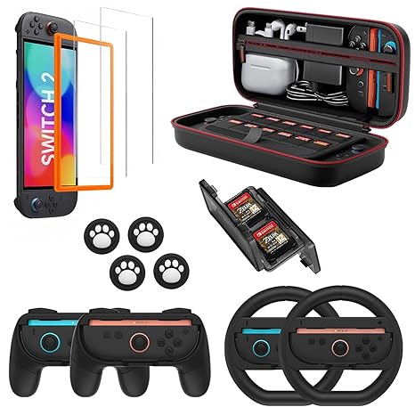 Switch 2 Game Accessory Set for Nintendo(2025), Family Switch 2 Accessories Bundle includes portable shockproof case, Mario Kart Steering Wheel, Grip for Joycon, Enjoy Gaming to the Fullest