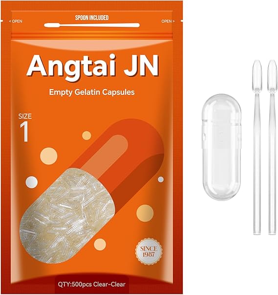 Capsules Size 1 Empty Gelatin Pill Gel Caps Pure Bovine Clear (500 Count) Gluten Free, Non-GMO, Halal Certified Filling Kit with 2 Spoons for DIY Your Own Supplements