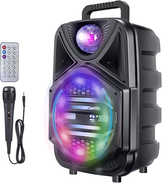 8 Inch Portable Karaoke Machine, Rechargeable Bluetooth Singing PA Speaker System with Wired Microphone and Disco Lights for Kids/Adults/Indoor Outdoor Party/Speech