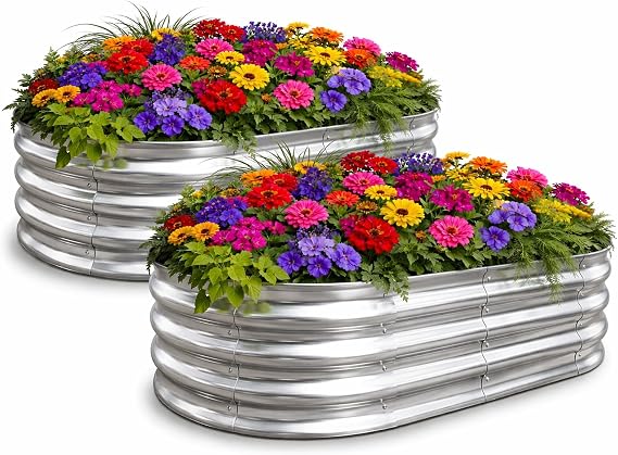 TATAANTY Galvanized Raised Garden Bed Kit, 2-Pack Rust-Resistant Planter Garden Boxes Outdoor, Oval Large Metal Raised Garden Beds for for Plants, Flowers Easy to Set Up - 4x2x1ft (2 Pack)
