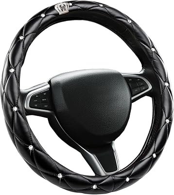 1pcs Steering Wheel Cover Black Diamond Bling Leather Steering Wheel Cover Universal 15 Inch Fit Car Accessories for Women
