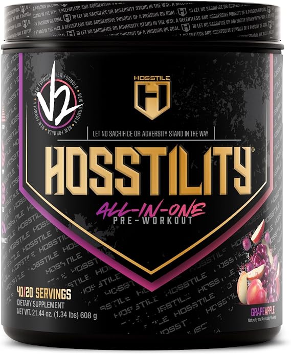 HOSSTILE Hosstility V2 Pre-Workout Powder, All-in-One Pre-Workout Supplement for Energy, Focus & Pump Support, Grape Apple, 40/20 Servings