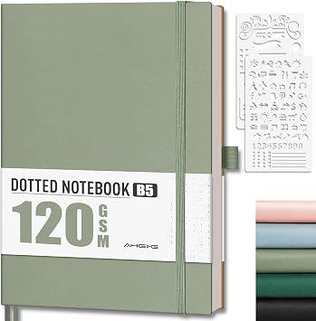 AHGXG Dotted Journal - Dot Grid Notebook Journal, 120 GSM Thick Acid-Free Paper, Large B5 Dotted Notebook 96 Pages, Leather Softcover, Inner Pocket, Journal Stencil, 7.6 X 10, Sage Green