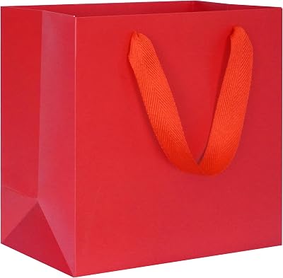 KEYYOOMY Red Gift Bags with Handles, Square Body Wide Bottom Kraft Paper Gift Bags Party Favor Bag for Wedding Birthday Christmas Shopping Business 10CT, 6x6x4 in, Red