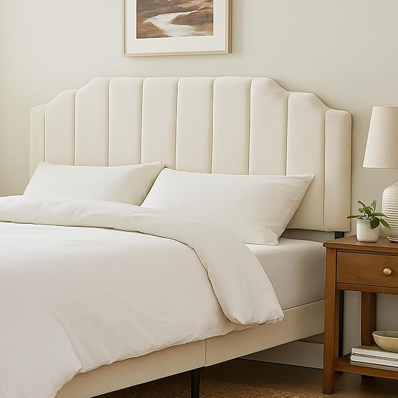 Upholstered Headboard for Full/Queen Beds - Arched Headboard & Bed Frame Mount, Adjustable Height, Velvet Tufted Modern Vertical Channel Design (Beige, Queen (U.S. Standard))