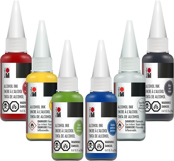 Marabu Alcohol Ink for Epoxy Resin - 6 Primary Colors Alcohol Ink Set - Vibrant and Versatile Alcohol Inks for Resin Art, Tumblers, Alcohol Paint Paper, Resin Dye - 20ml Inks