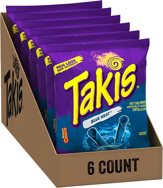 Takis Blue Heat Rolled Spicy Tortilla Chips, Hot Chili Pepper Flavored, Multipack with 6 Individual Bags, 4 Ounces Each