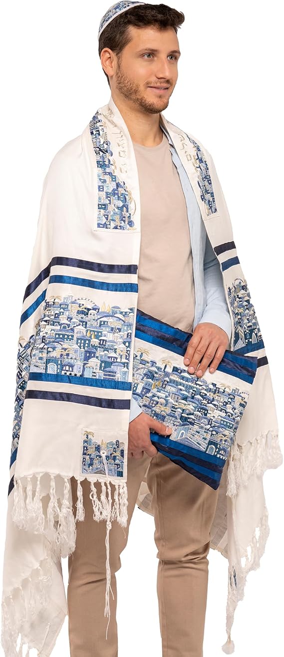 Yair Emanuel Premium Tallit Silk Embroidered Jerusalem Vista | Blue and White Tallis Prayer Shawl