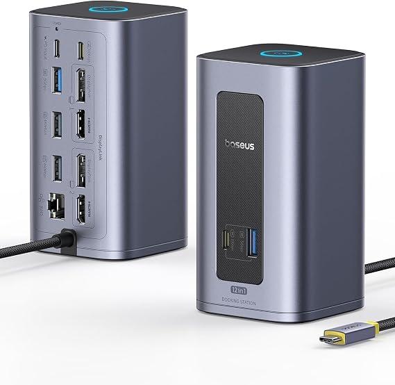 Baseus Nomos Air 12-in-1 DisplayLink Docking Station, 2 Monitors for macOS | Docking Station with 2K HDMI/DP, 10Gbps USB-C/A, 100W PD, Gigabit Ethernet. Install DisplayLink Driver Before Use