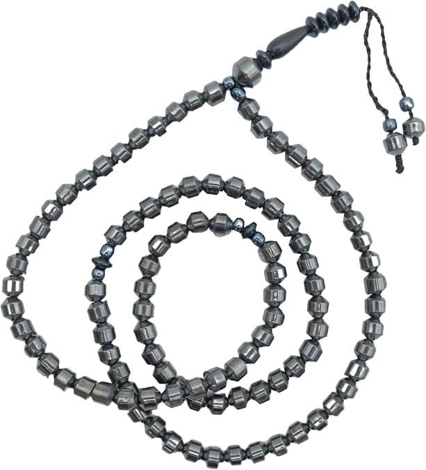 6mm Hematite Barrel 99-Bead Tasbih Bracelet with Divider and Tassel for Meditation and Prayer