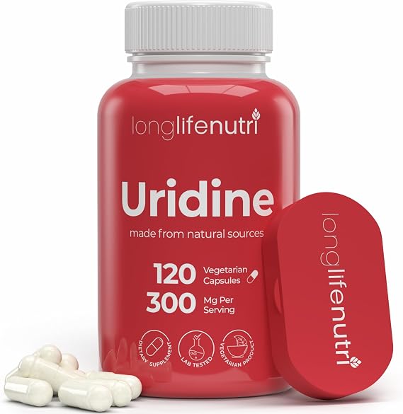 LongLifeNutri Uridine Monophosphate 300mg Choline Precursor & Synaptic Function, Nootropic for Focus & Mental Performance, 120 Vegetarian Capsules, 4-Month Supply, GMP Certified, Made in USA