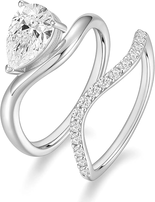 EAMTI Wedding Ring Set for Women Teardrop Curved Engagement Rings Size 4-10
