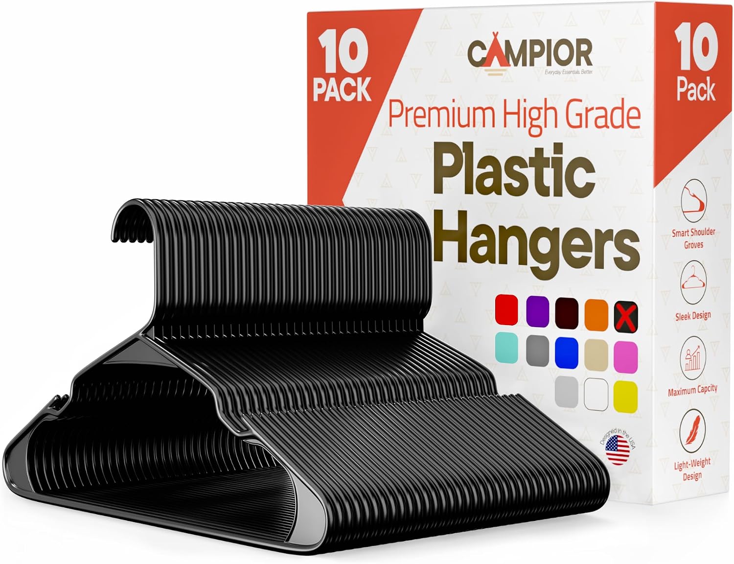 Black Plastic Hangers 10 Pack Heavy-Duty, Space-Saving, Non-Slip, Durable PP Hangers with Non-Slip Shoulder Notches for Slip Dresses, Suits, Jackets & Camisoles