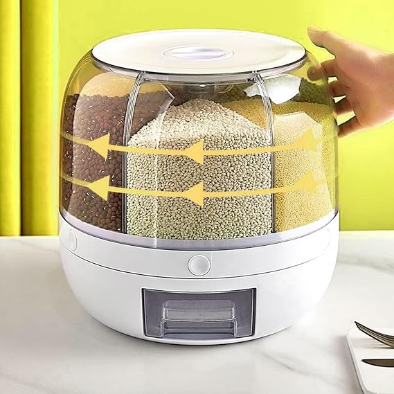 Rotating Grain Dry Food Dispenser Countertop - 6 Grids Cereal Tank Dispenser for Lentils, Rice, Beans - Kitchen Pantry Storage Container- Max 10kg/22 lbs Capacity - White