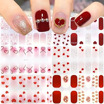 6 Sheets Valentine's Day Heart Gel Nail Stickers - Red Heart Design, Cute Valentines Day Strips, No UV, Full Wrap for Women's Acrylic Nails
