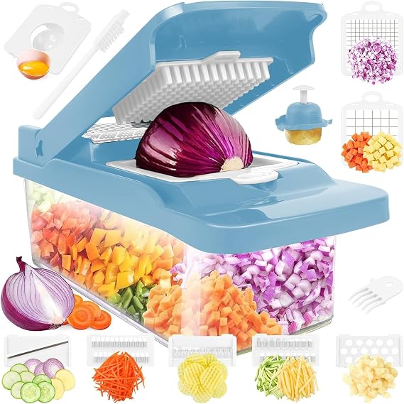Vegetable Chopper,Food Chopper,Pro 12 in1 Multifunctional Onion Veggie Chopper,Vegetable Chopper With Container,Vegetable Slicer Dicer Cutter,Mandoline Slicer,Salad,Garlic (Blue)