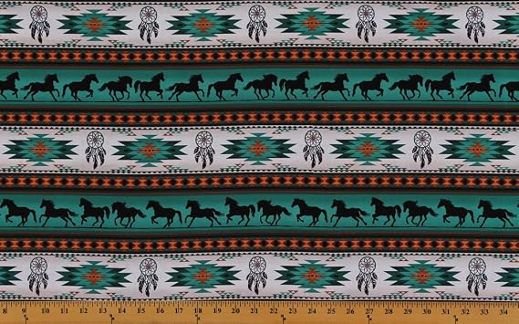 Cotton Southwestern Native American Aztec Tucson 201 Turquoise Horses Dream Catchers Cotton Fabric Print by The Yard (497-turquiose)