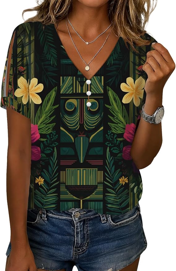 Womens V Neck Shirts Boho Floral Paisley Print Tops Cold Shoulder Patchwork Casual Button Short Sleeve Summer Blouses