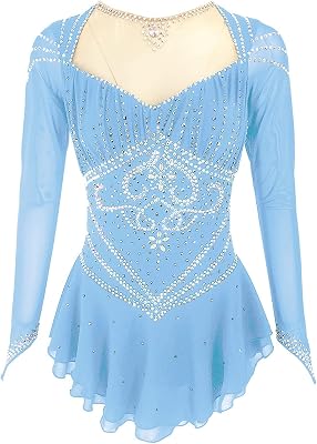 Figure Skating Dress Women, Long Sleeve Girl Dance Competition Training Performance Clothing Dresses Skating,Blue,S