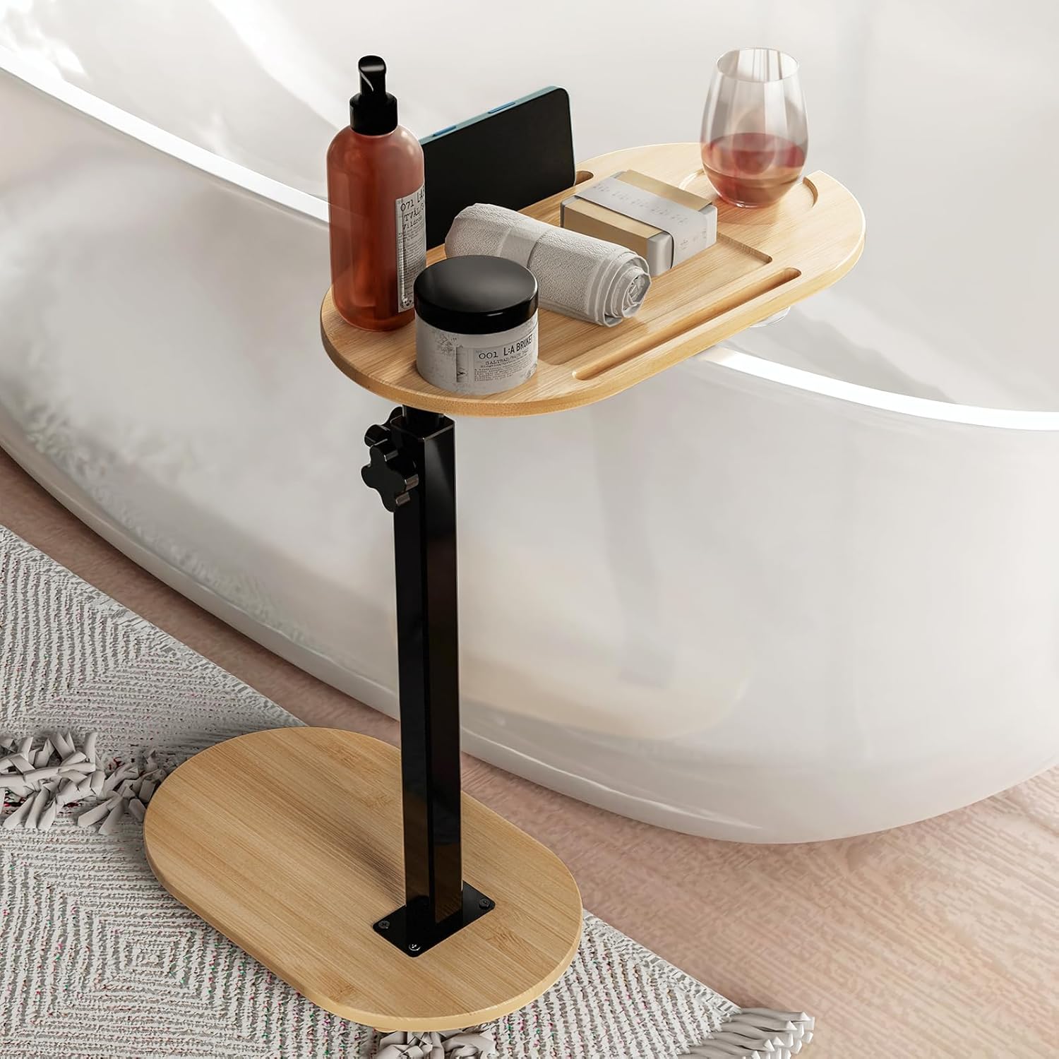Yumkfoi Bamboo Bathtub Tray Table with Adjustable Height, Freestanding Bath Caddy Tray for Tub Against Wall, Bathtub Side Table for Luxury Bath Home Spa and Gift Choice - Patent Protected Natural