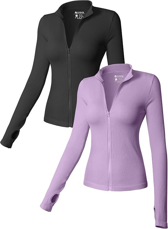 OQQ Womens 2 Piece Long Sleeve Tops Stand Neck Front Zipped Stretch Fitted Underscrubs Tee Shirts Tops