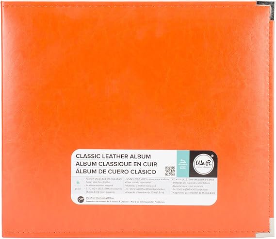 We R Memory Keepers 12x12 Photo Album - Faux Leather with 5 Page Protectors and Spine Label - Snag-Free D-Ring Scrapbooking Memory Album, Acid-Free, Orange Soda
