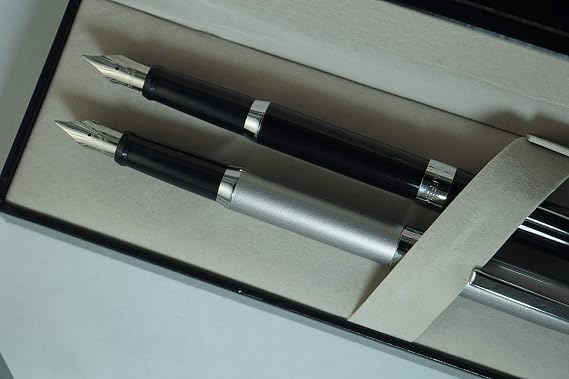Sheaffer Sagaris Duo of Black Lacquer with Medium Stainless Steel Nib Fountain Pen and Beige Silver with Medium Stainless Steel Nib Fountain Pen for him and her.