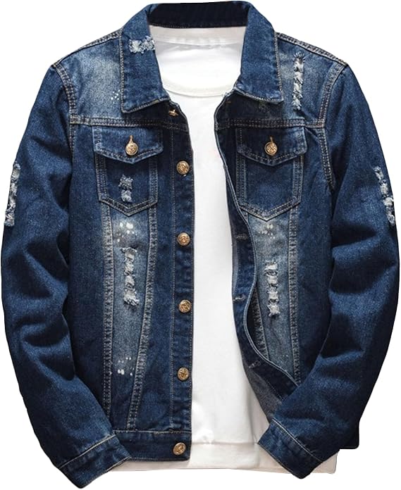 Men Distressed Motorcycle Denim Jacket Ripped Trucker Work Denim Outerwear Classic Outdoor Cool Young Jean Jacket