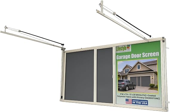 Garage Door Screen 17x20 White PVC-Coated Polyester Fabric with Privacy & Pet-Resistant Mesh, Spring-Loaded Counterbalance, Easy Entry, Versatile Living Space (Sandstone, 9'Wx7'H)