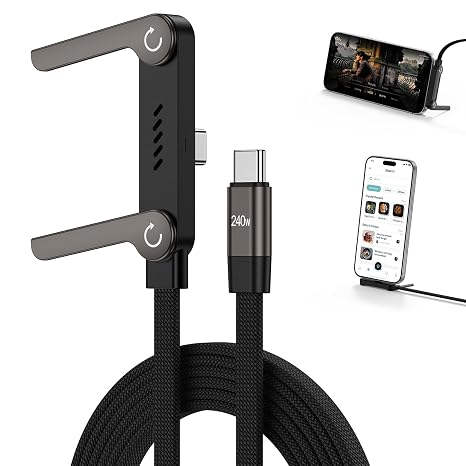 Invisible Holder Charger Cable,240W USB C to USB C Fast Charging Cable,5FT Right Angle Fast Charge Cable with Built-in Phone Stand Flat USBC Cord for Samsung S26 Ultra S25 A17 S24,iPhone 17e,Pixel 10a