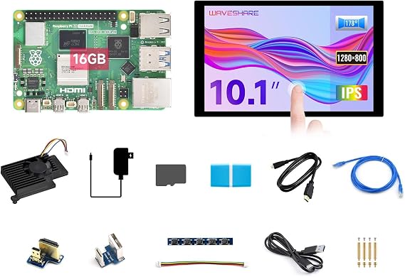 Waveshare Display Kit, Compatible with Raspberry Pi 5, Bundle with Raspberry Pi 5 16GB, 10.1inch LCD, Cooler, 64GB TF Card, Cable and so on (14 Items)